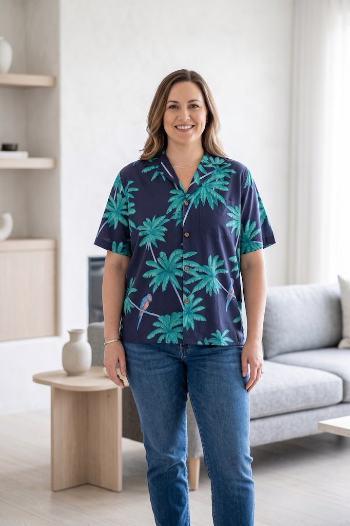Vintage Blue Palm Trees &amp; Parrots Hawaiian Print Shirt