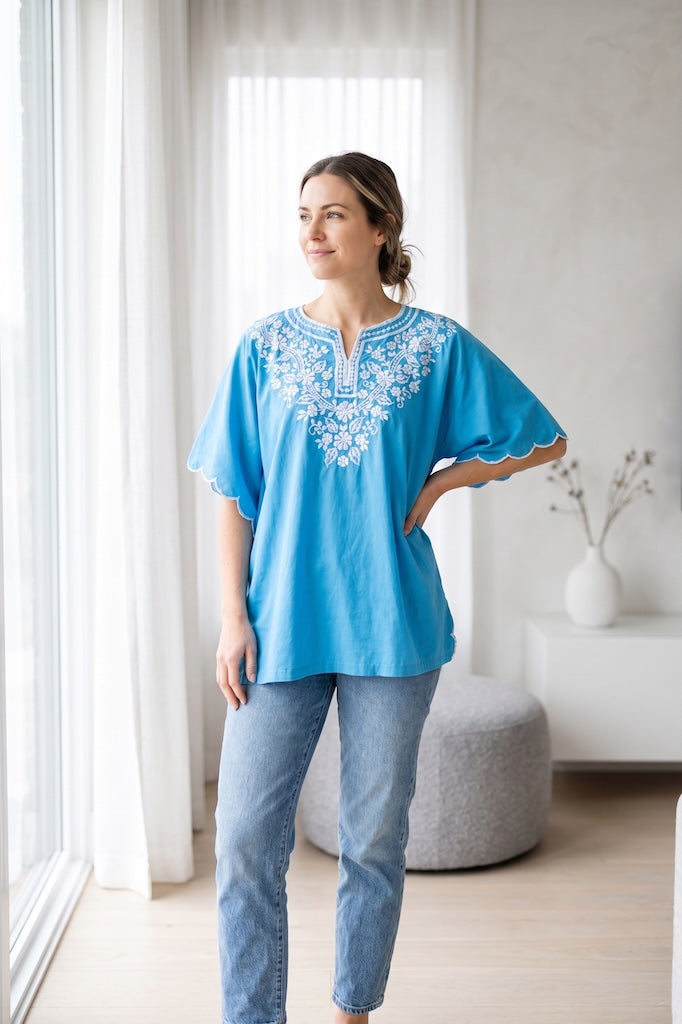 Vintage Turquoise Blue Embroidered Tunic Blouse