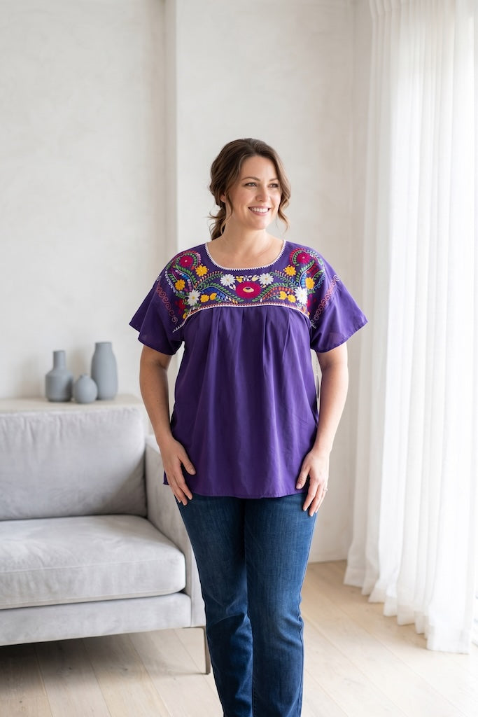 Vintage Purple Mexican Embroidered Plus Size Tunic