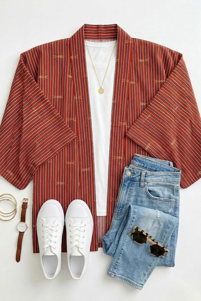 Dark Red Ikat Stripe Raw Silk Kimono Cardigan-ThisBlueBird