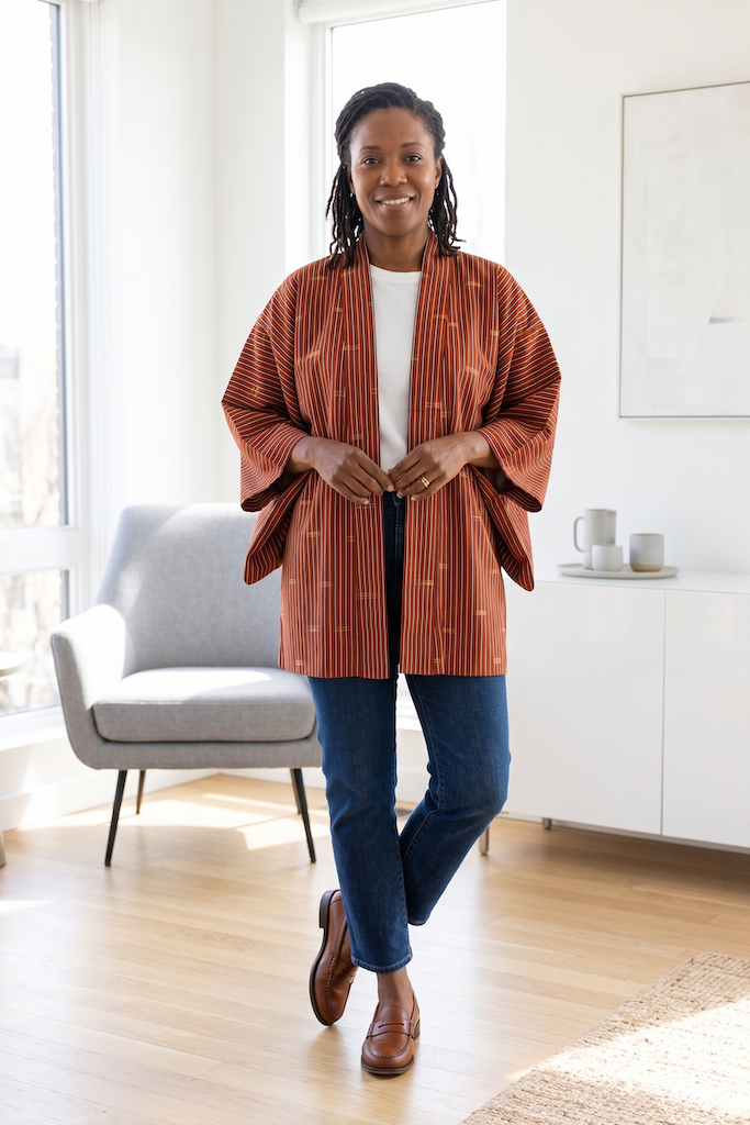 Dark Red Ikat Stripe Raw Silk Kimono Cardigan-ThisBlueBird