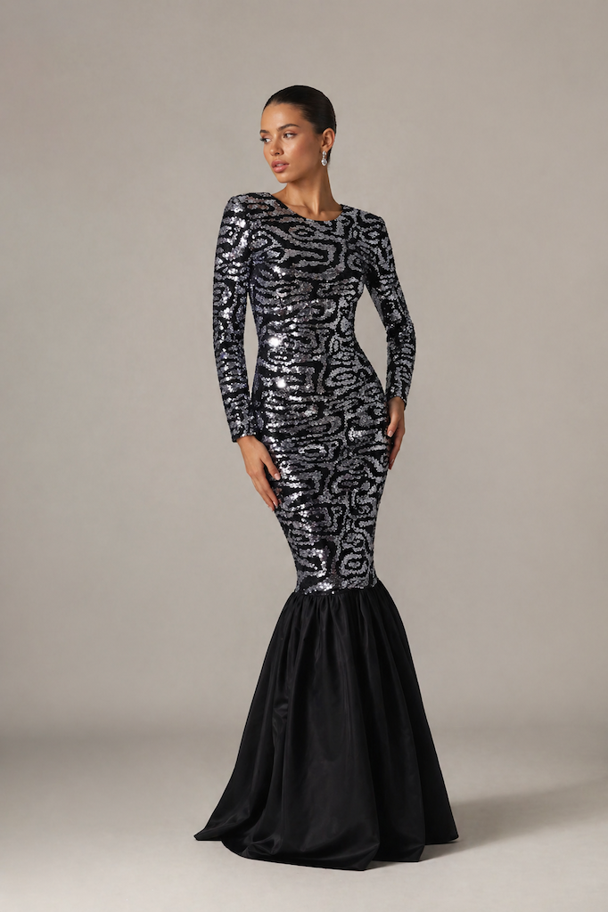 Vintage Sequined Black Evening Gown
