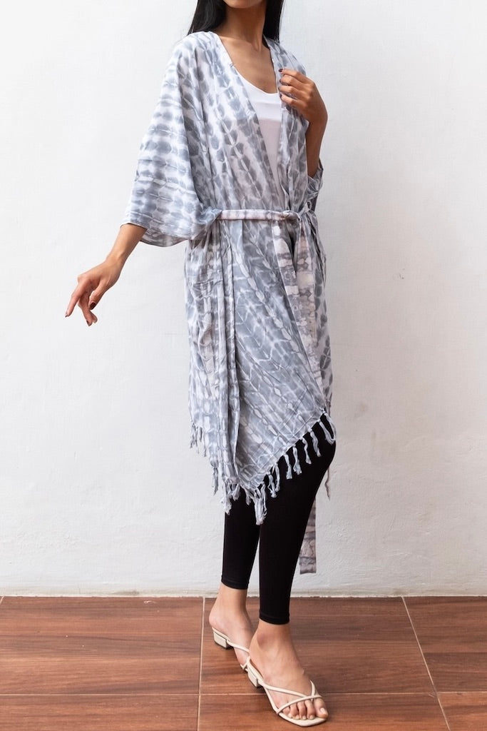 Bali Shibori - Grey Kimono Duster-ThisBlueBird