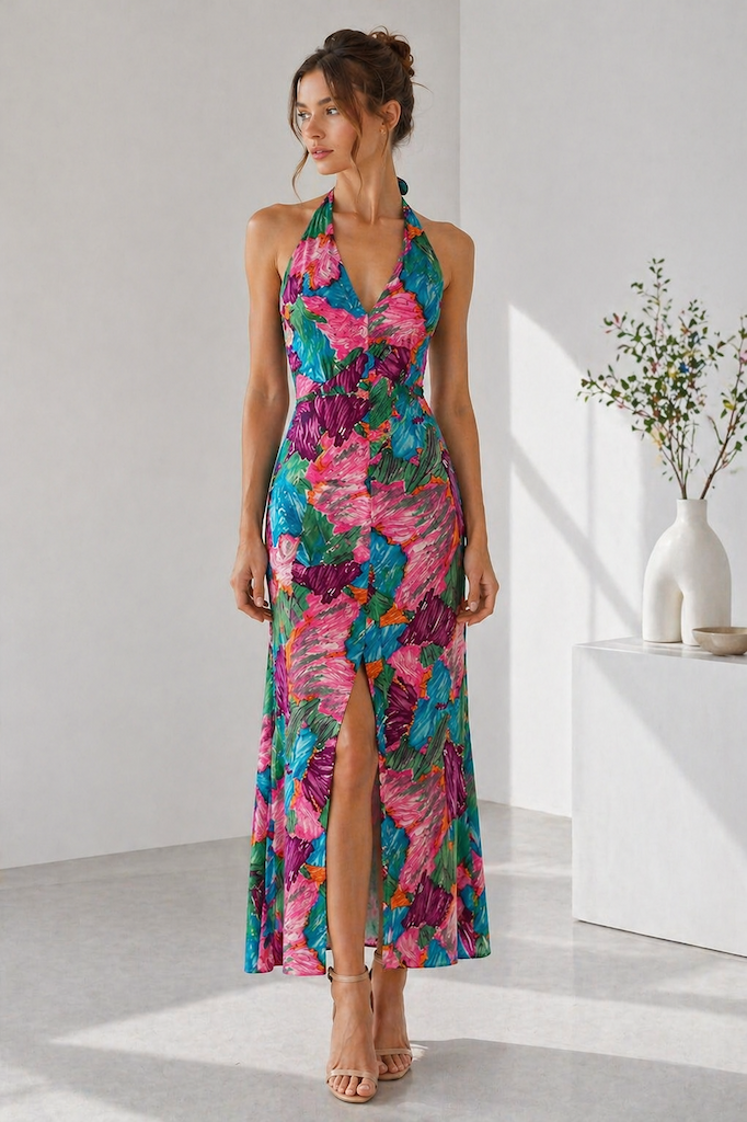 Vintage Abstract Print Halter Dress