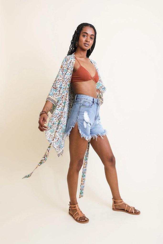 Ivory Floral Print Kimono Cardigan Top-ThisBlueBird