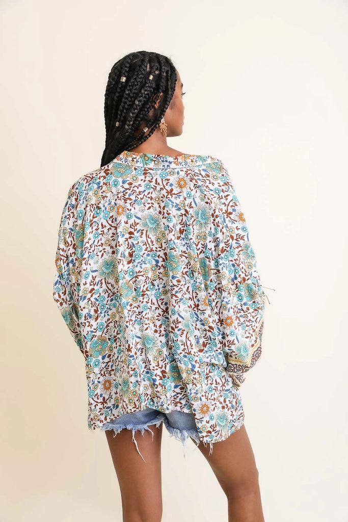 Ivory Floral Print Kimono Cardigan Top-ThisBlueBird