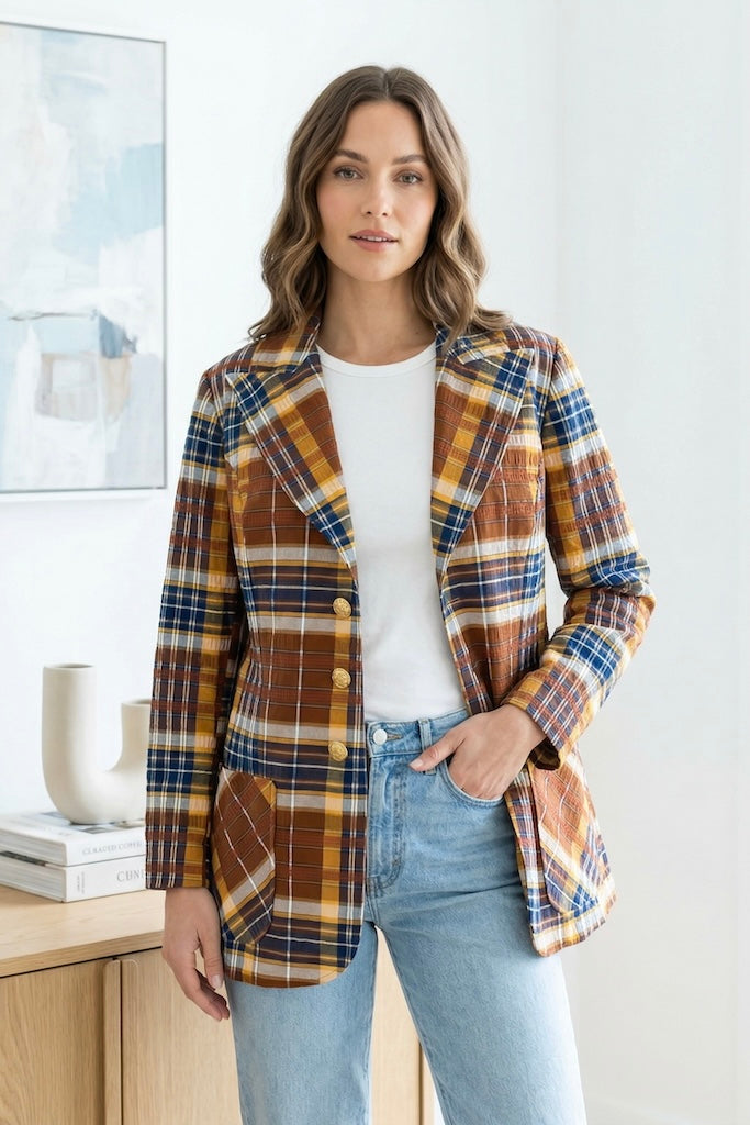 Vintage Brown &amp; Navy Madras Plaid Jacket