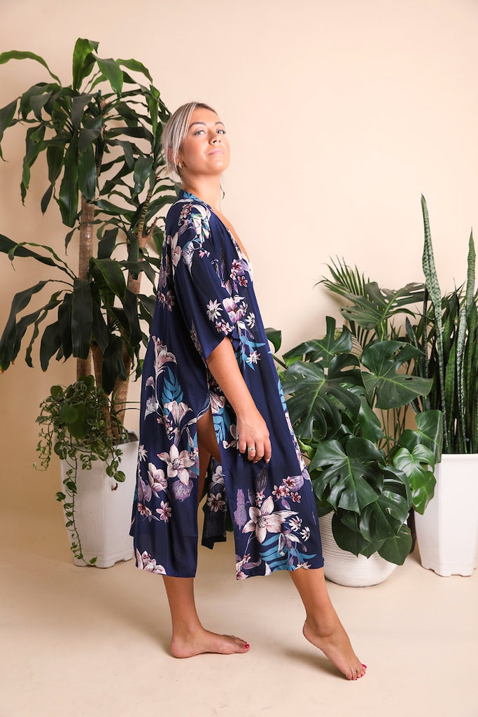 Navy Blue Floral Duster Kimono-ThisBlueBird