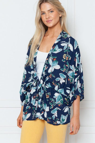 Navy Blue Floral Print Kimono Cardigan-ThisBlueBird