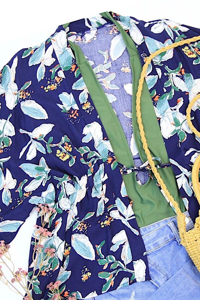 Navy Blue Floral Print Kimono Cardigan-ThisBlueBird
