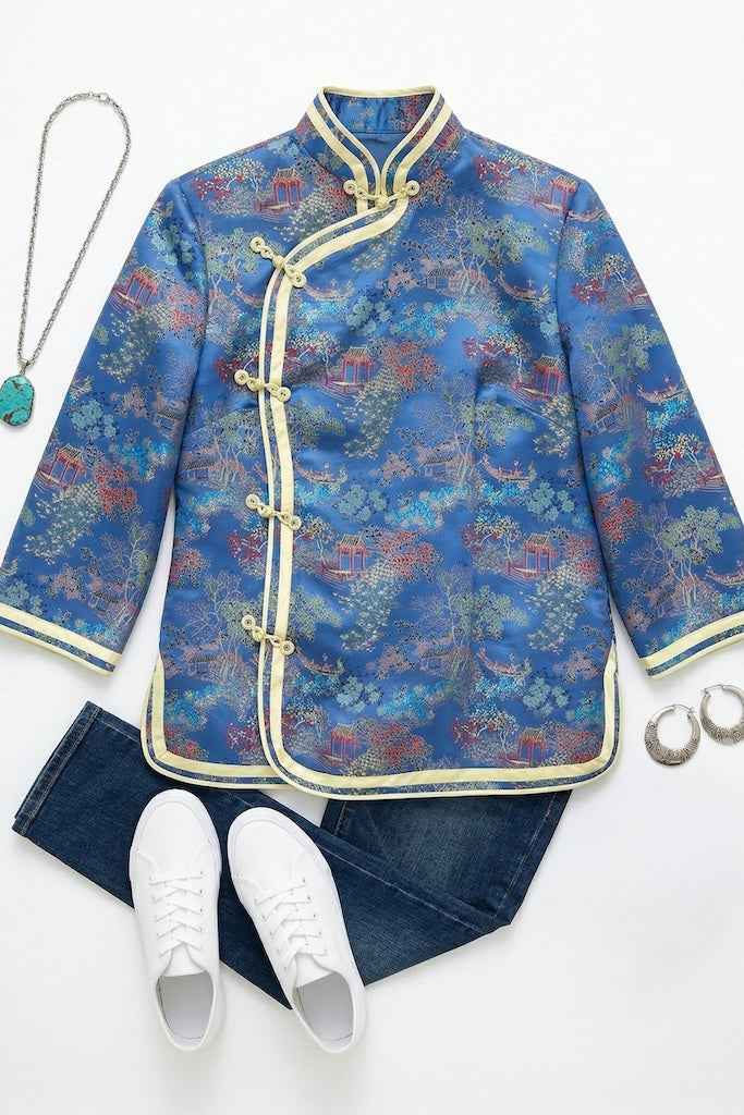 Vintage Blue &amp; Yellow Satin Brocade Asian Blouse-ThisBlueBird