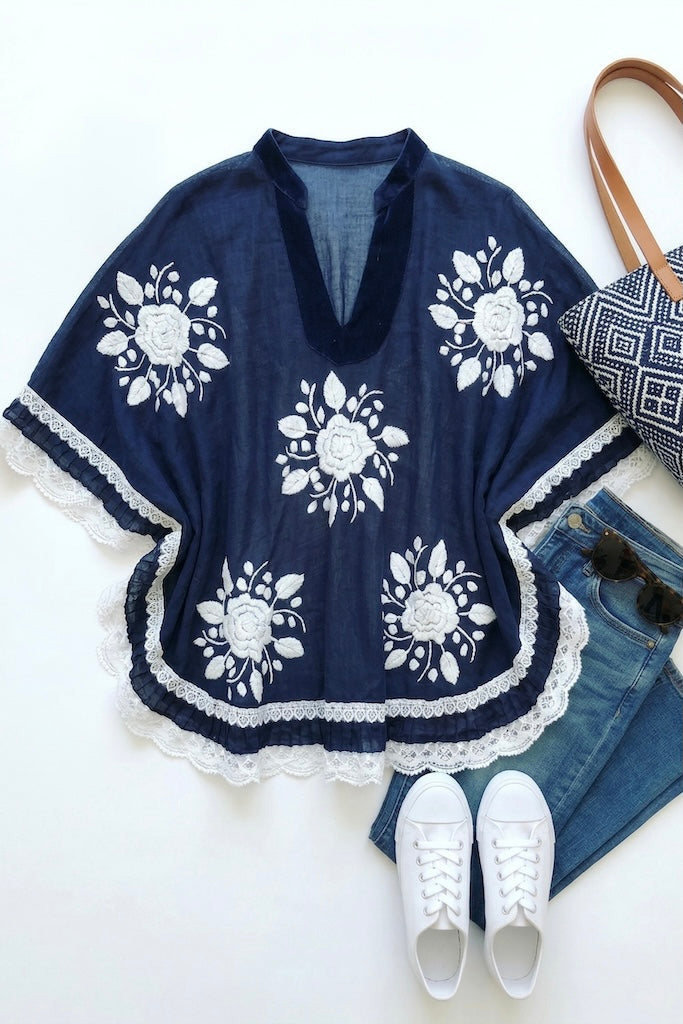 Vintage Navy & White Embroidered Tunic-ThisBlueBird