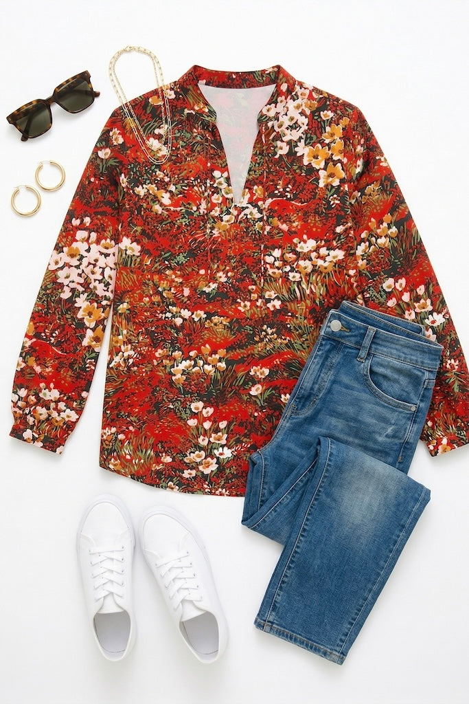 Vintage Red Floral Print Long Tunic-ThisBlueBird