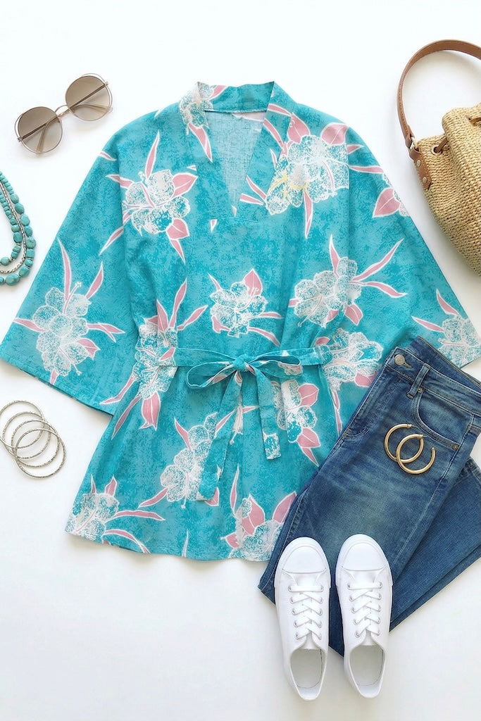 Vintage Aqua Hawaiian Print Tunic-ThisBlueBird