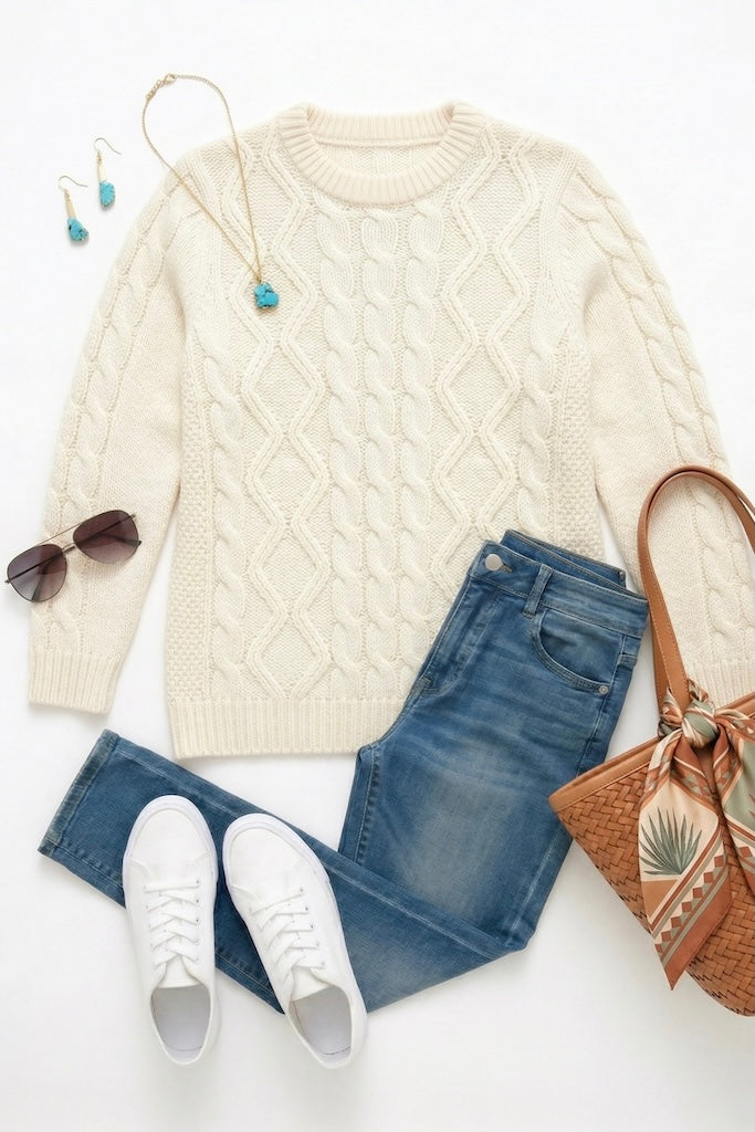 Vintage Winter White Cable Knit Sweater-ThisBlueBird