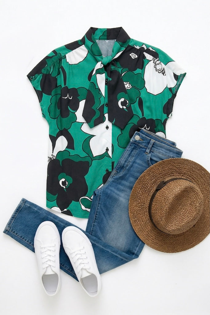 Vintage Green Floral Print Blouse-ThisBlueBird