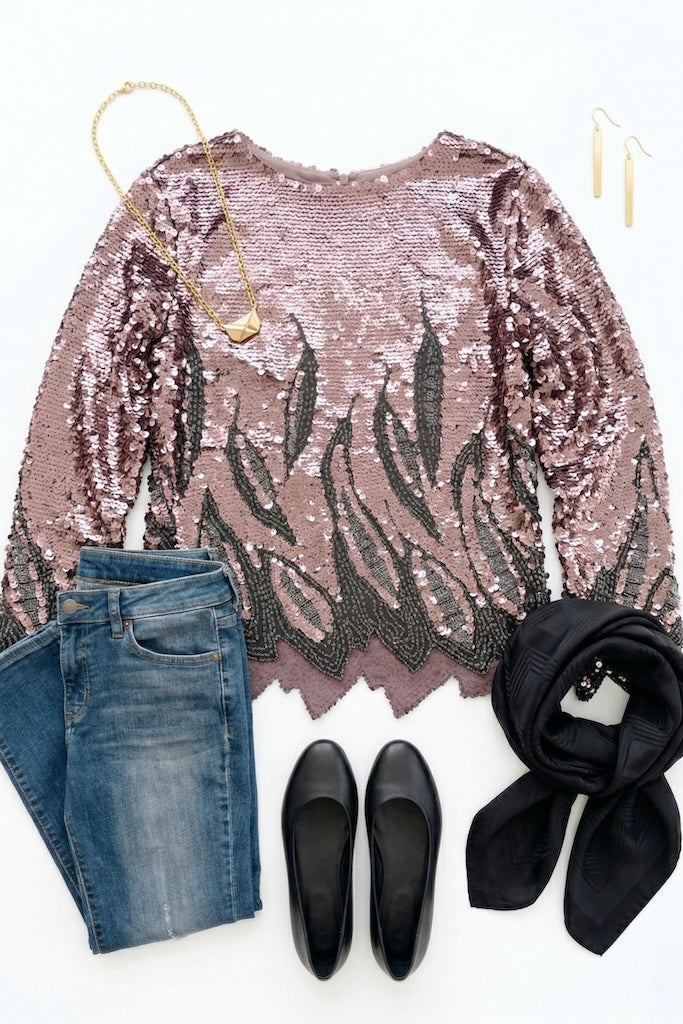 Vintage Pink Sequined Silk Chiffon Top-ThisBlueBird