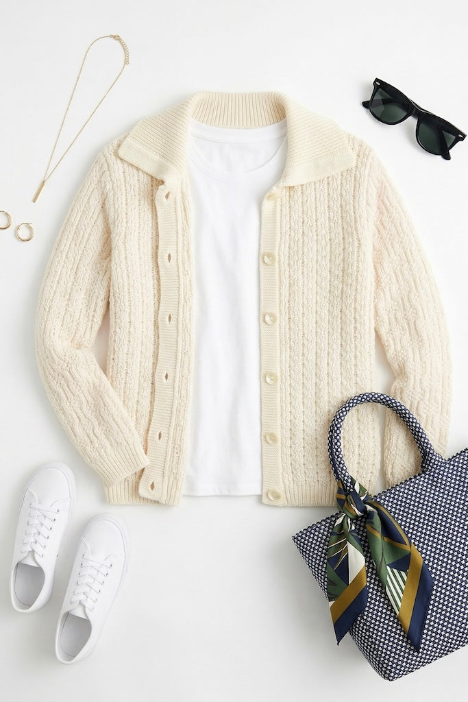 Vintage Ivory Knit Cardigan Sweater-ThisBlueBird