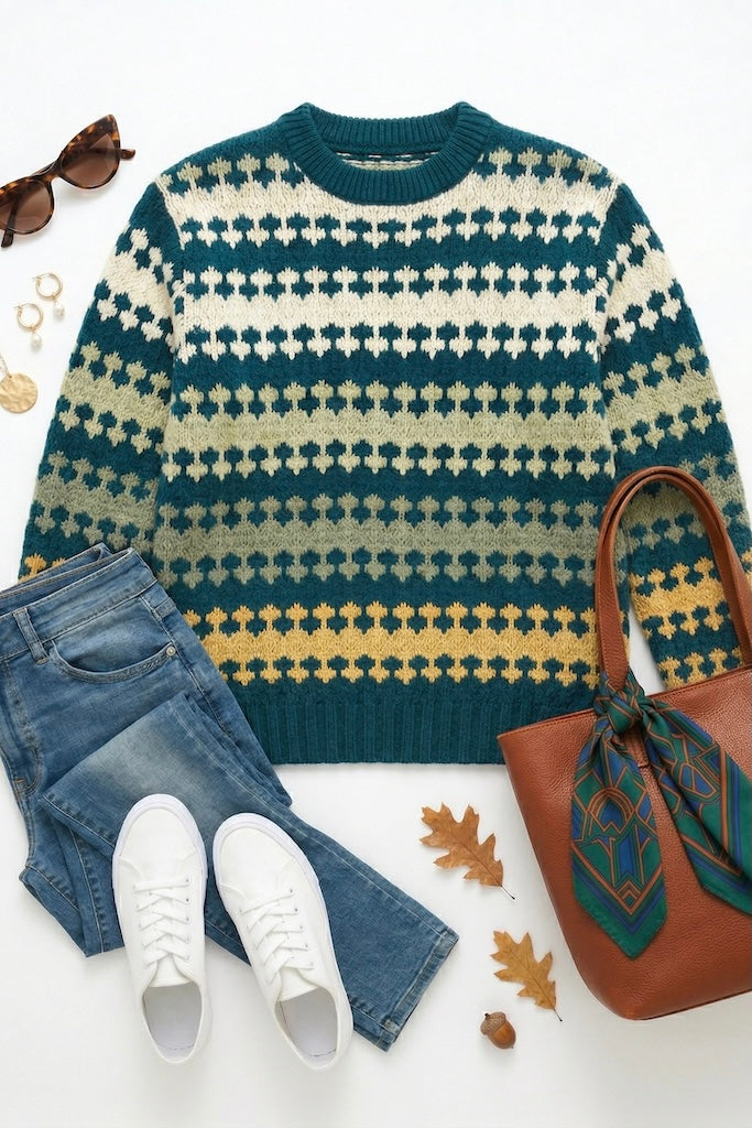 Vintage Green & Gold Knit Sweater-ThisBlueBird