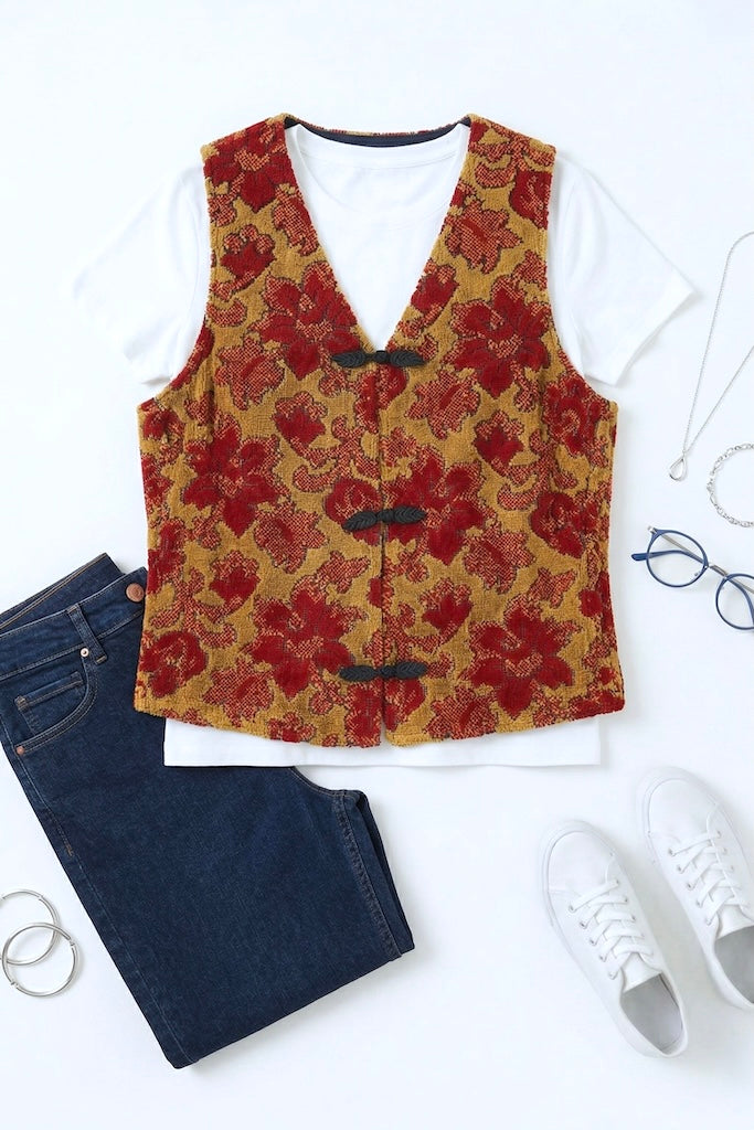 Vintage Red and Gold Chenille Vest-ThisBlueBird
