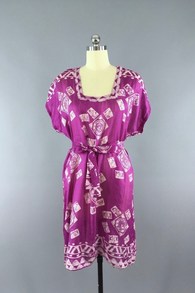Silk Sari Kaftan Dress / Magenta Batik-ThisBlueBird