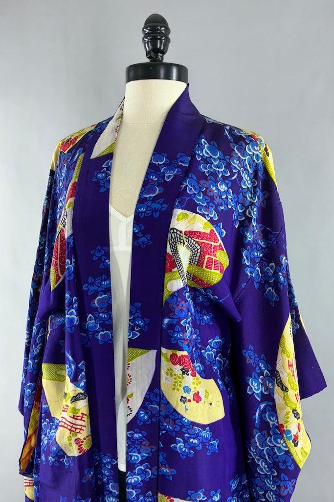 Vintage 1930s Purple Fans Silk Kimono Cardigan-ThisBlueBird