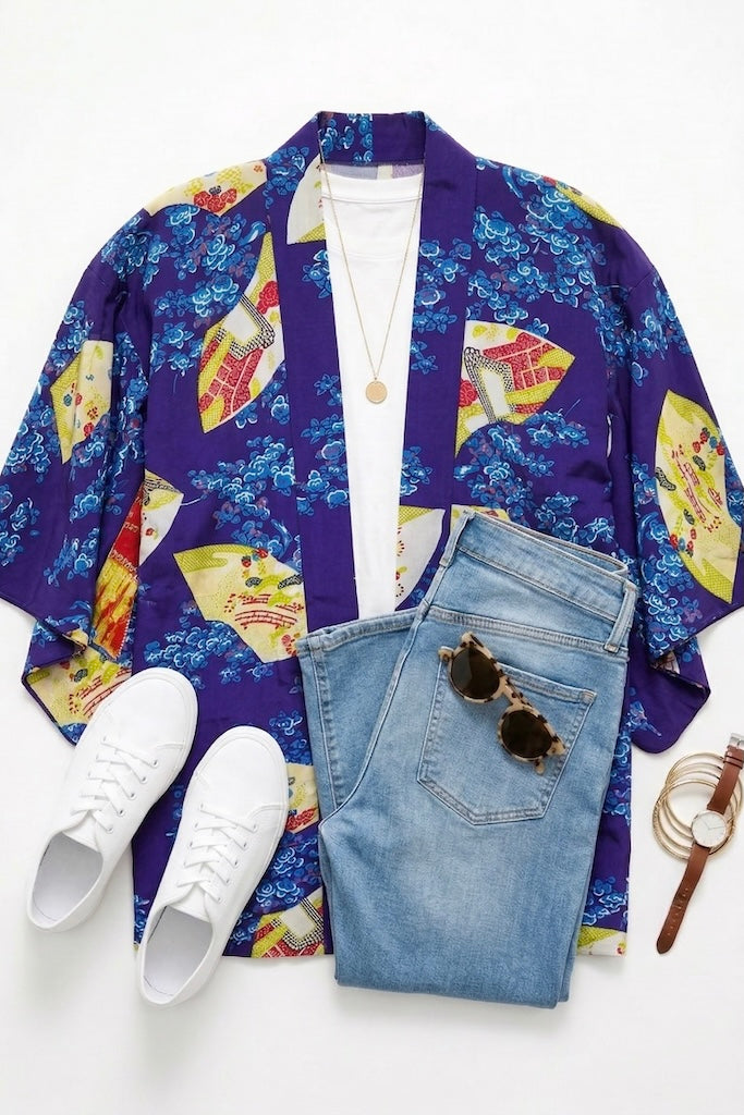 Vintage 1930s Purple Fans Silk Kimono Cardigan-ThisBlueBird