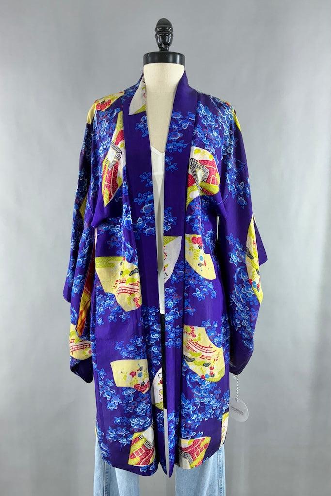 Vintage 1930s Purple Fans Silk Kimono Cardigan-ThisBlueBird