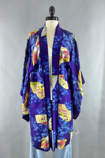 Vintage 1930s Purple Fans Silk Kimono Cardigan-ThisBlueBird