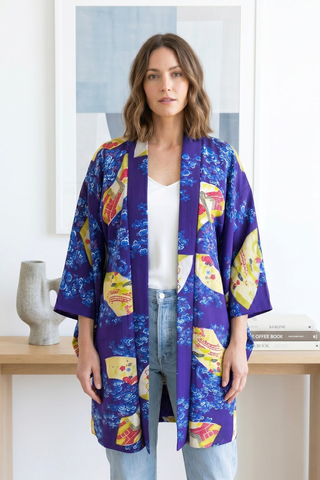 Vintage 1930s Purple Fans Silk Kimono Cardigan-ThisBlueBird