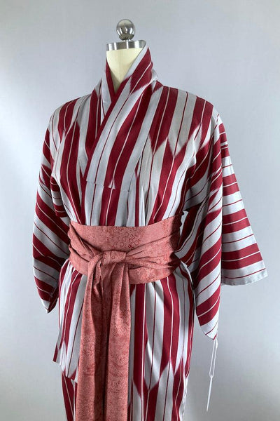 Vintage 1940s Maroon & Grey Silk Kimono-ThisBlueBird