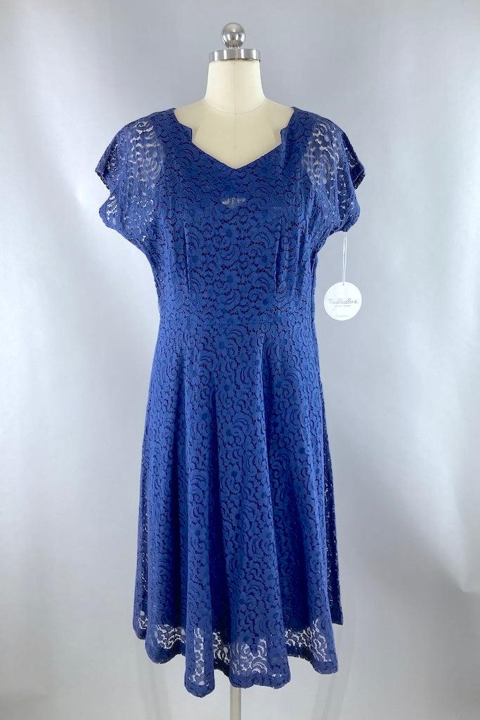Vintage 1940s Navy Blue Lace Dress &amp; Slip-ThisBlueBird