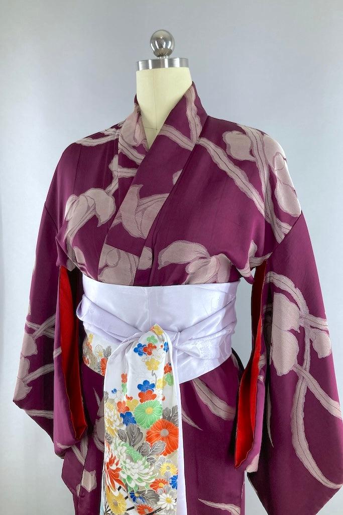 Vintage 1940s Purple Silver Floral Kimono-ThisBlueBird