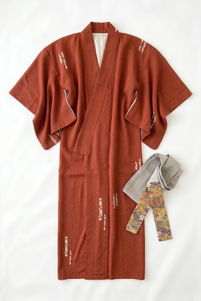 Vintage 1940s Rust Red Orange Silk Kimono Robe-ThisBlueBird