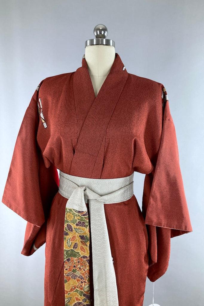 Vintage 1940s Rust Red Orange Silk Kimono-ThisBlueBird