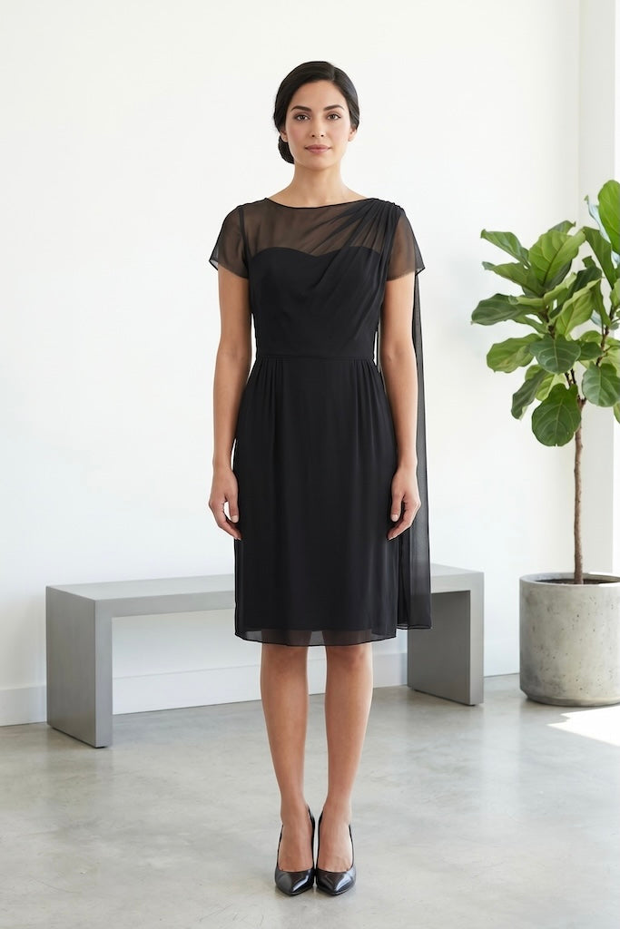 Vintage 1950s Black Chiffon Illusion Silk Dress-ThisBlueBird