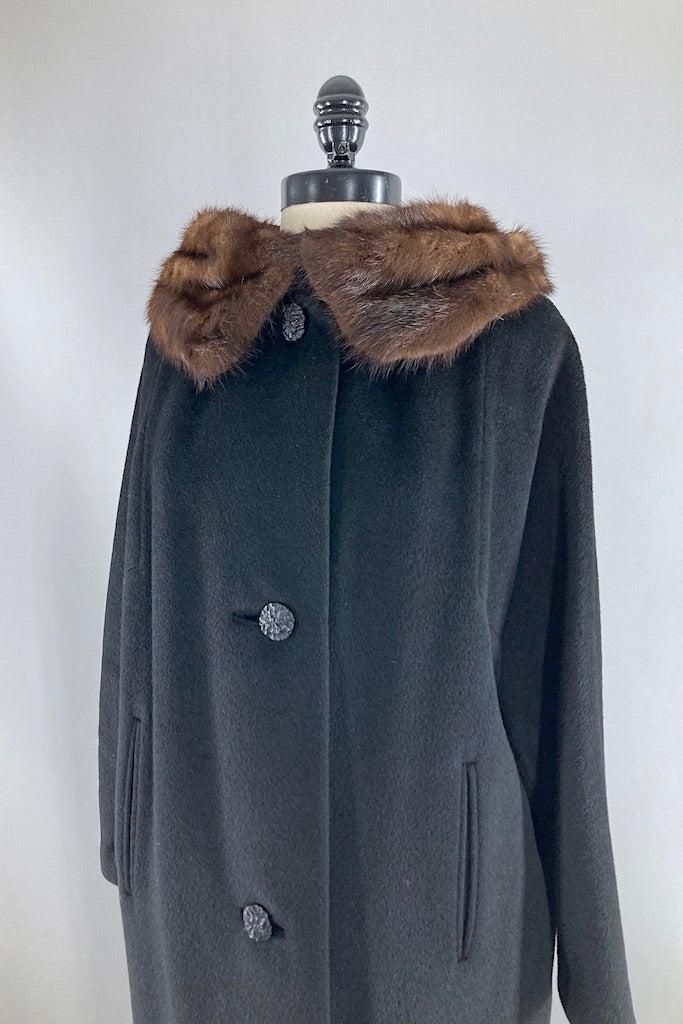 Vintage 1950s Black Wool Coat with Mink Collar-ThisBlueBird