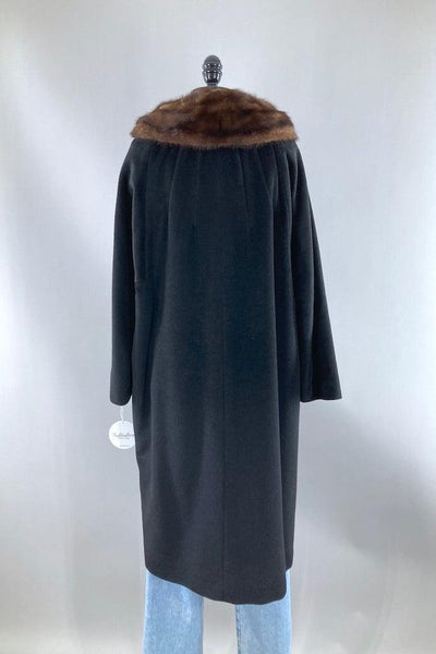 Vintage 1950s Black Wool Coat with Mink Collar-ThisBlueBird