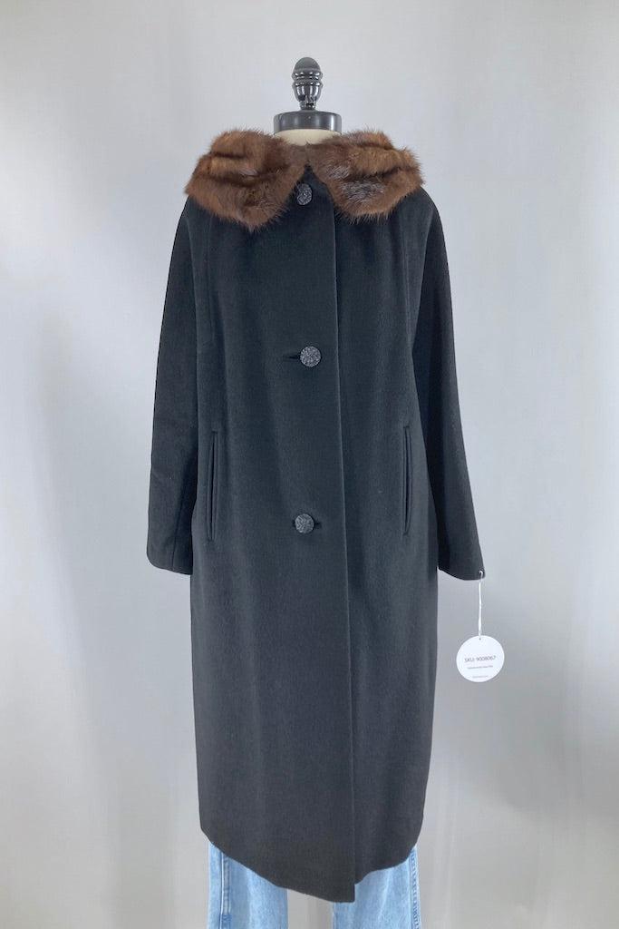 Vintage 1950s Black Wool Coat with Mink Collar-ThisBlueBird