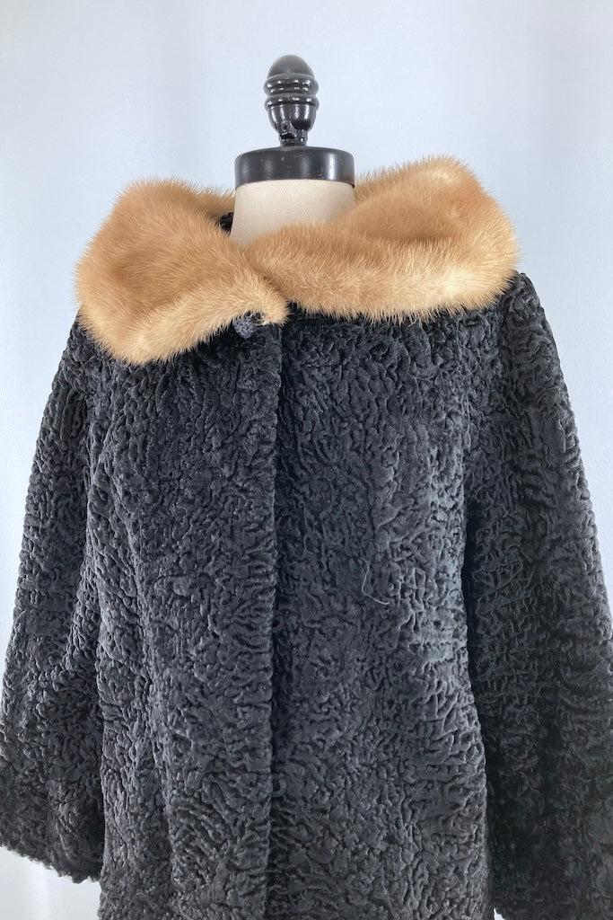 Vintage 1950s Curly Lamb Fur Coat with Mink Collar-ThisBlueBird