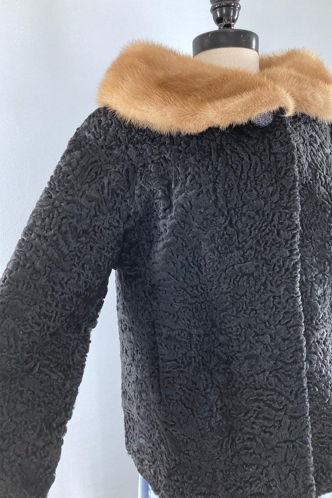 Vintage 1950s Curly Lamb Fur Coat with Mink Collar-ThisBlueBird