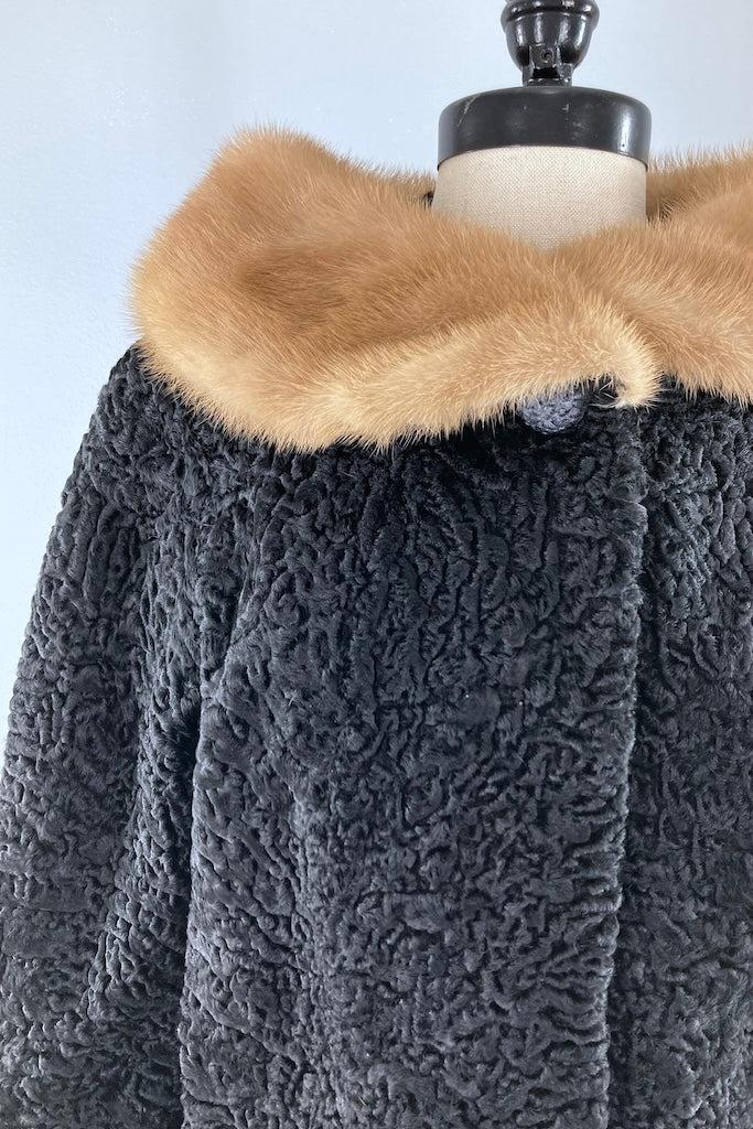 Vintage 1950s Curly Lamb Fur Coat with Mink Collar-ThisBlueBird