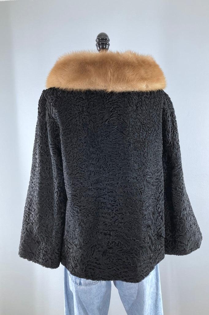 Vintage 1950s Curly Lamb Fur Coat with Mink Collar-ThisBlueBird