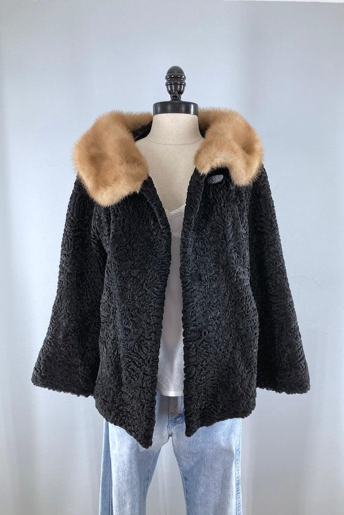 Vintage 1950s Curly Lamb Fur Coat with Mink Collar-ThisBlueBird