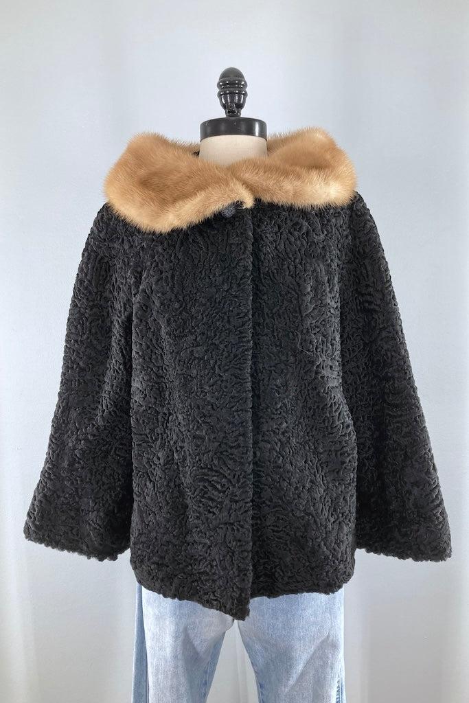 Vintage 1950s Curly Lamb Fur Coat with Mink Collar-ThisBlueBird