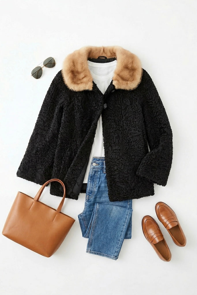 Vintage 1950s Curly Lamb Fur Coat with Mink Collar-ThisBlueBird