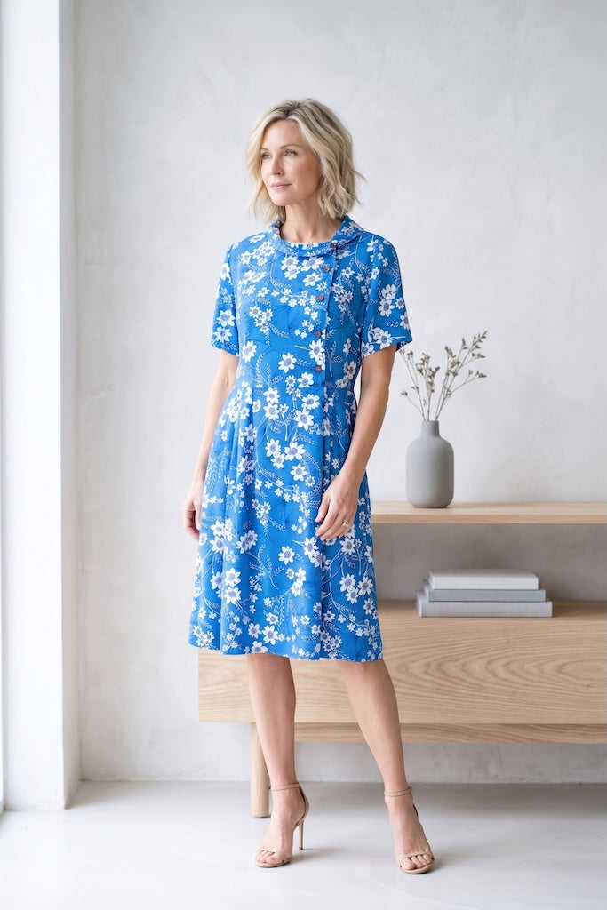 Vintage 1960s Blue Floral Day Dress-ThisBlueBird