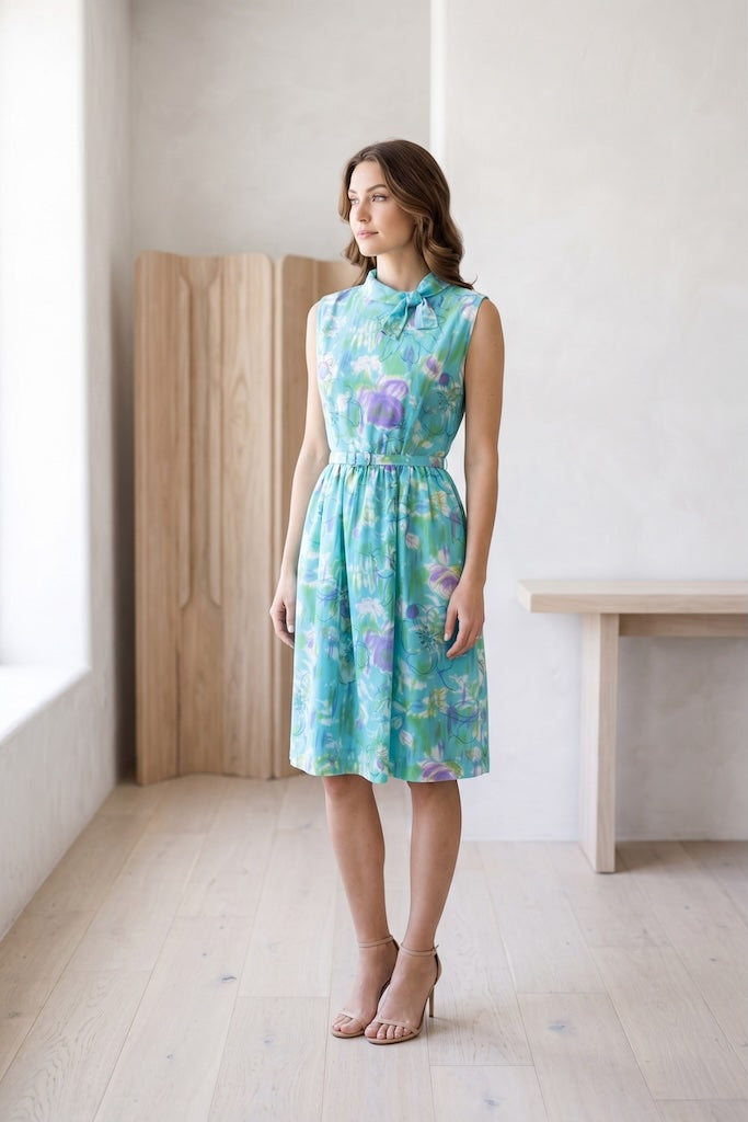 Vintage 1960s Blue Floral Print Dress-ThisBlueBird