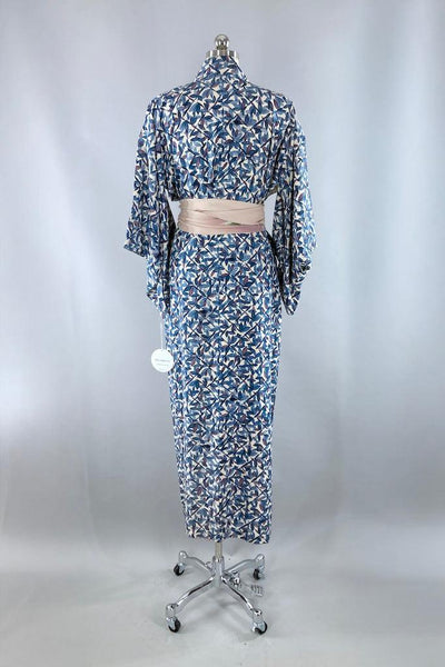 Vintage 1960s Blue Leaves Silk Kimono-ThisBlueBird