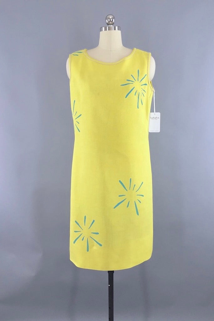 linen shift dress Vintage Yellow Mod Linen Shift Dress